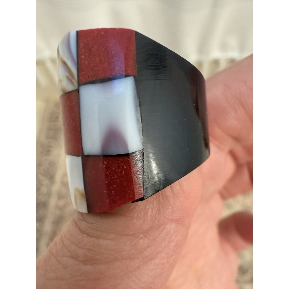Horn Artisan Mosaic Statement L 8.5 Ring Red White Blk Inlay Geometric Cocktail - Picture 3 of 12